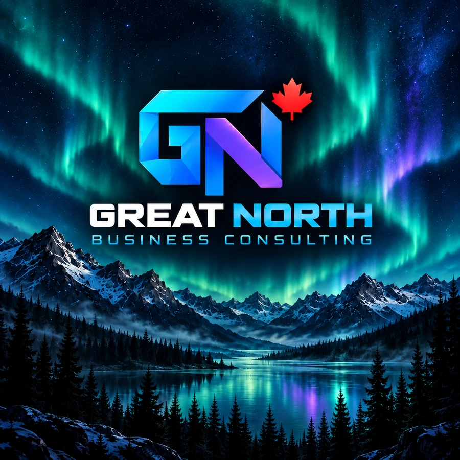 Great North Business Consulting logo with mountains, a lake and the northern lights